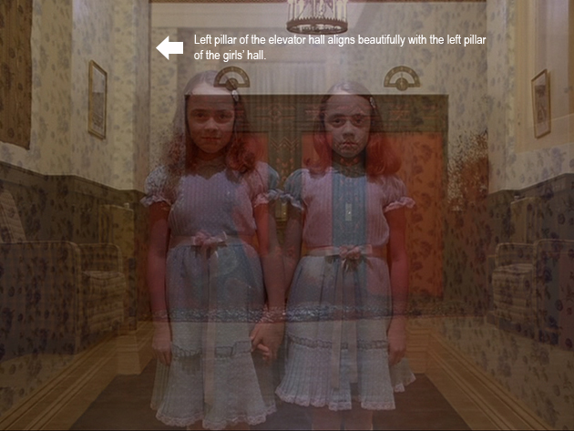 An overlay of the two girls with the bloody elevator hallway.