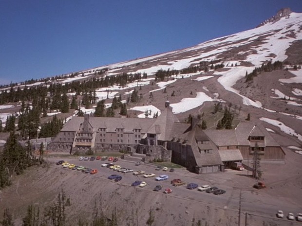 The Shining - The Overlook parking lot showing the Snowcat and the garage